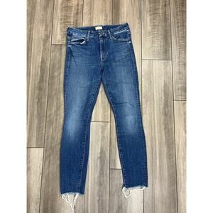 Mother The Looker Ankle Fray Jeans in Blue Size 26 Denim Zip Fly Fringe Classic